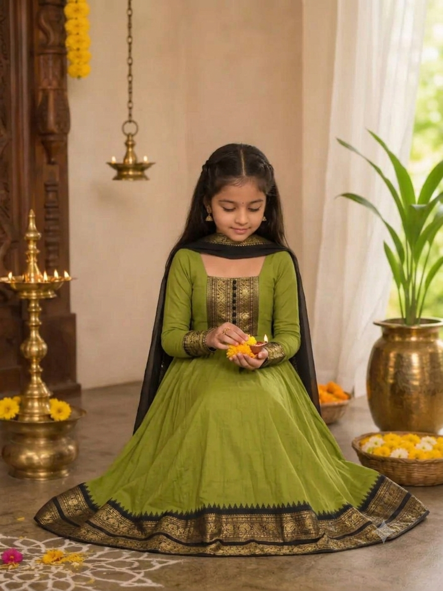 Girls Festive Cotton Blend Anarkali Set With Duppata