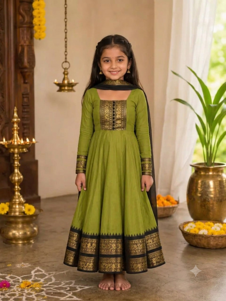 Girls Festive Cotton Blend Anarkali Set With Duppata