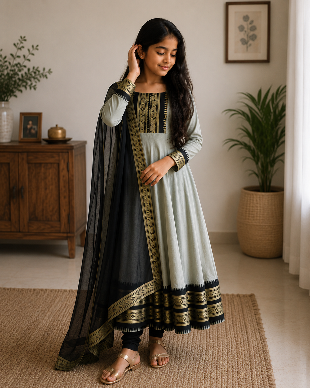 Graceful Grey and Black Festive Gown for Your Little Star