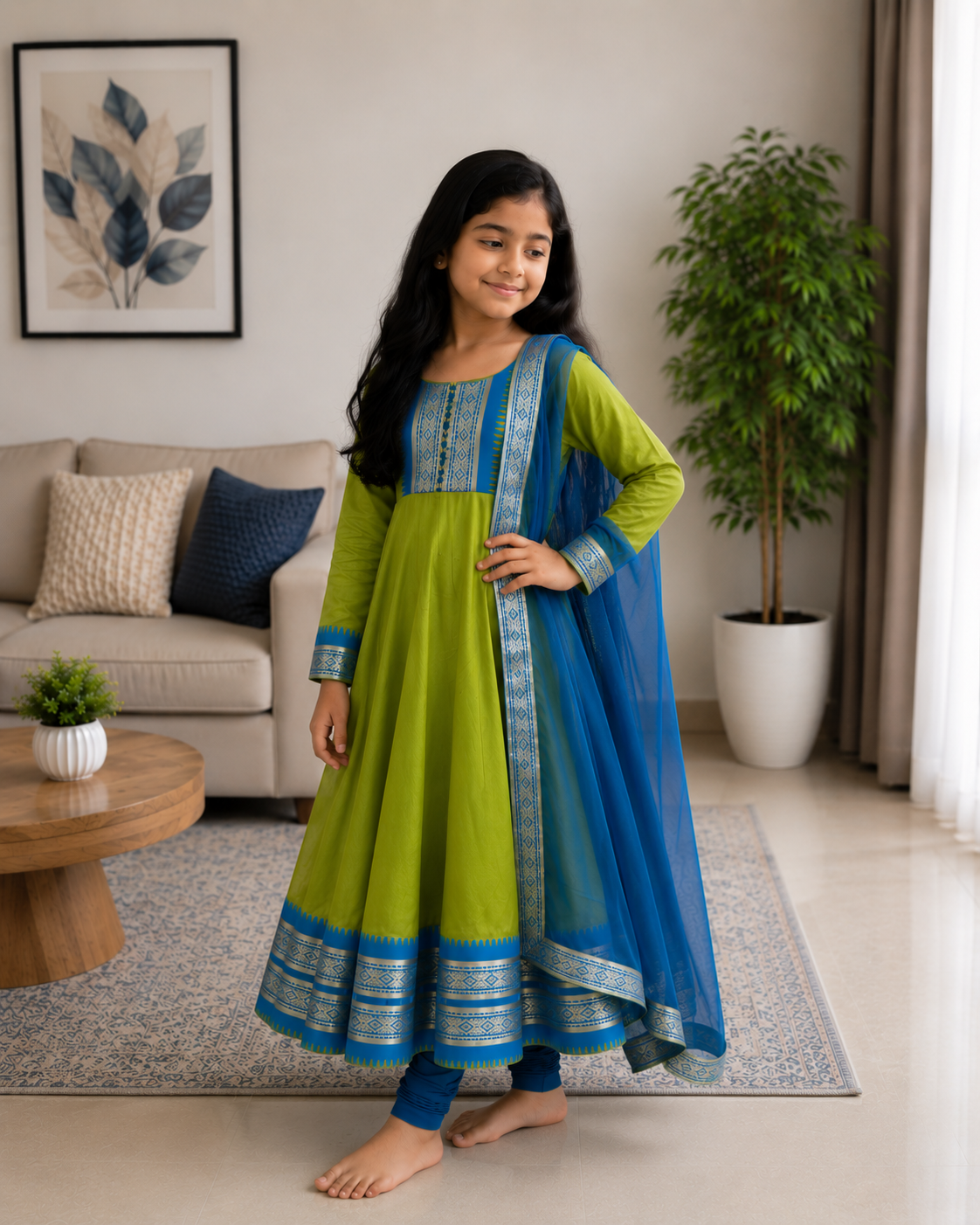 Charming Two-Tone Green and Blue Ethnic Dress for Joyful Twirls