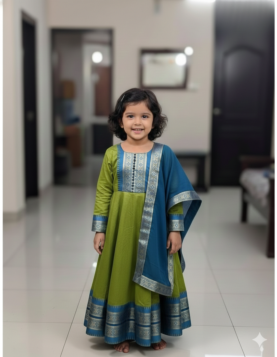 Charming Two-Tone Green and Blue Ethnic Dress for Joyful Twirls