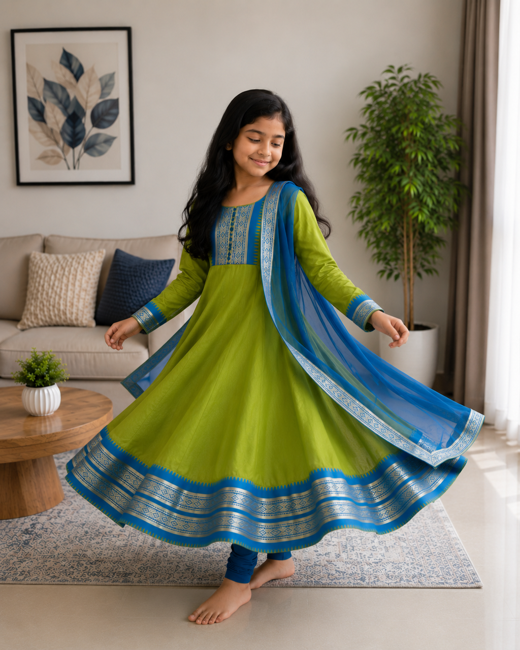Charming Two-Tone Green and Blue Ethnic Dress for Joyful Twirls