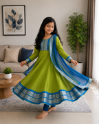 Charming Two-Tone Green and Blue Ethnic Dress for Joyful Twirls