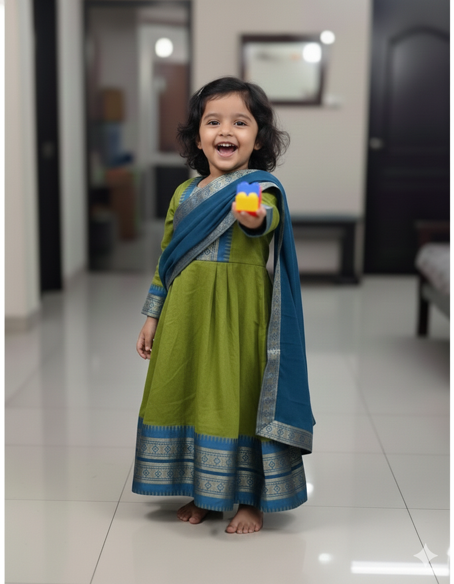 Charming Two-Tone Green and Blue Ethnic Dress for Joyful Twirls