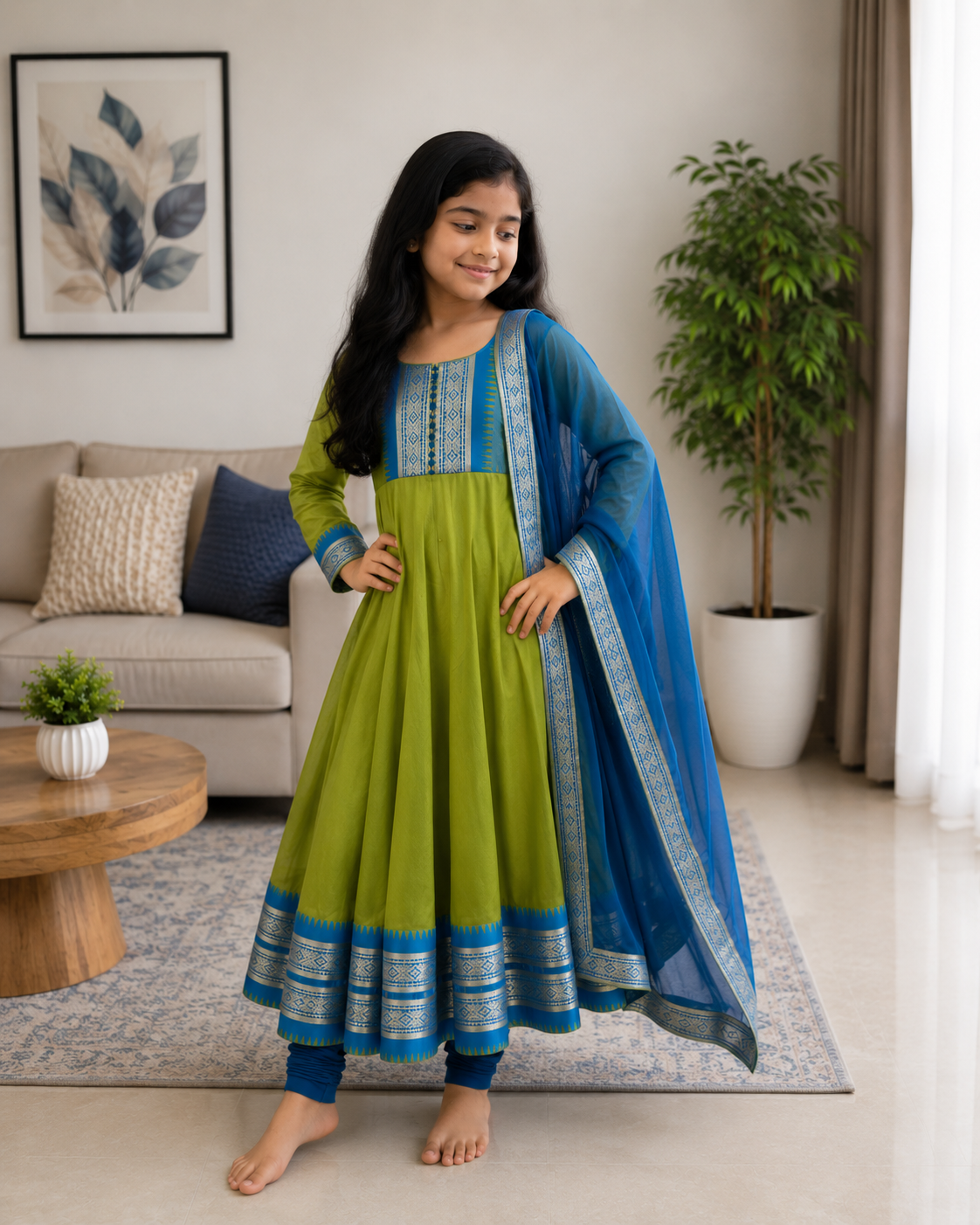 Charming Two-Tone Green and Blue Ethnic Dress for Joyful Twirls