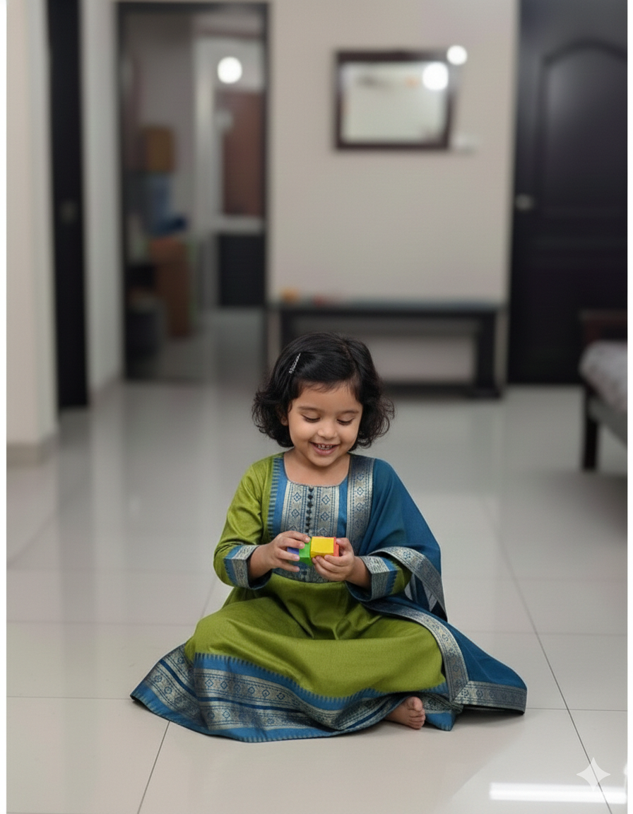 Charming Two-Tone Green and Blue Ethnic Dress for Joyful Twirls