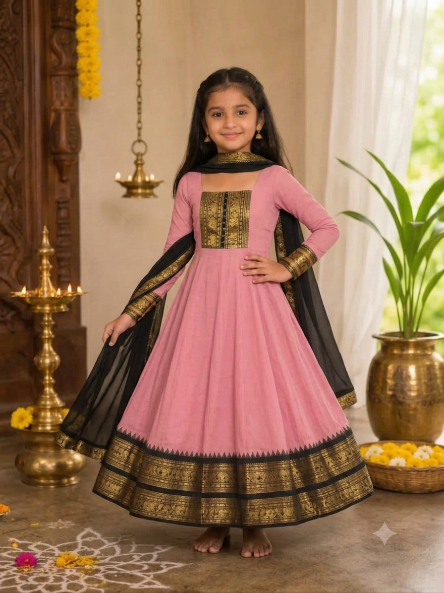 Girls Festive Cotton Blend Anarkali Set With Duppata