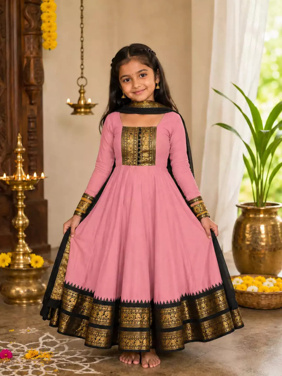 Girls Festive Cotton Blend Anarkali Set With Duppata