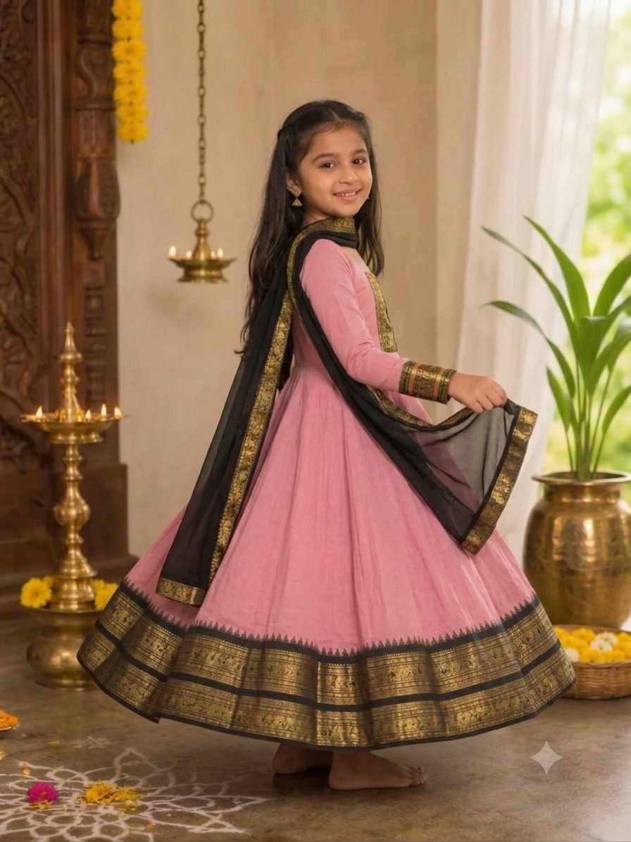 Girls Festive Cotton Blend Anarkali Set With Duppata