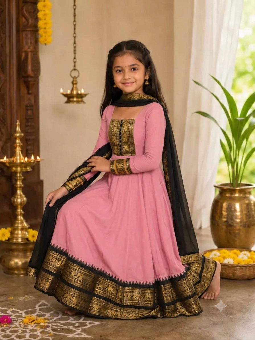Girls Festive Cotton Blend Anarkali Set With Duppata