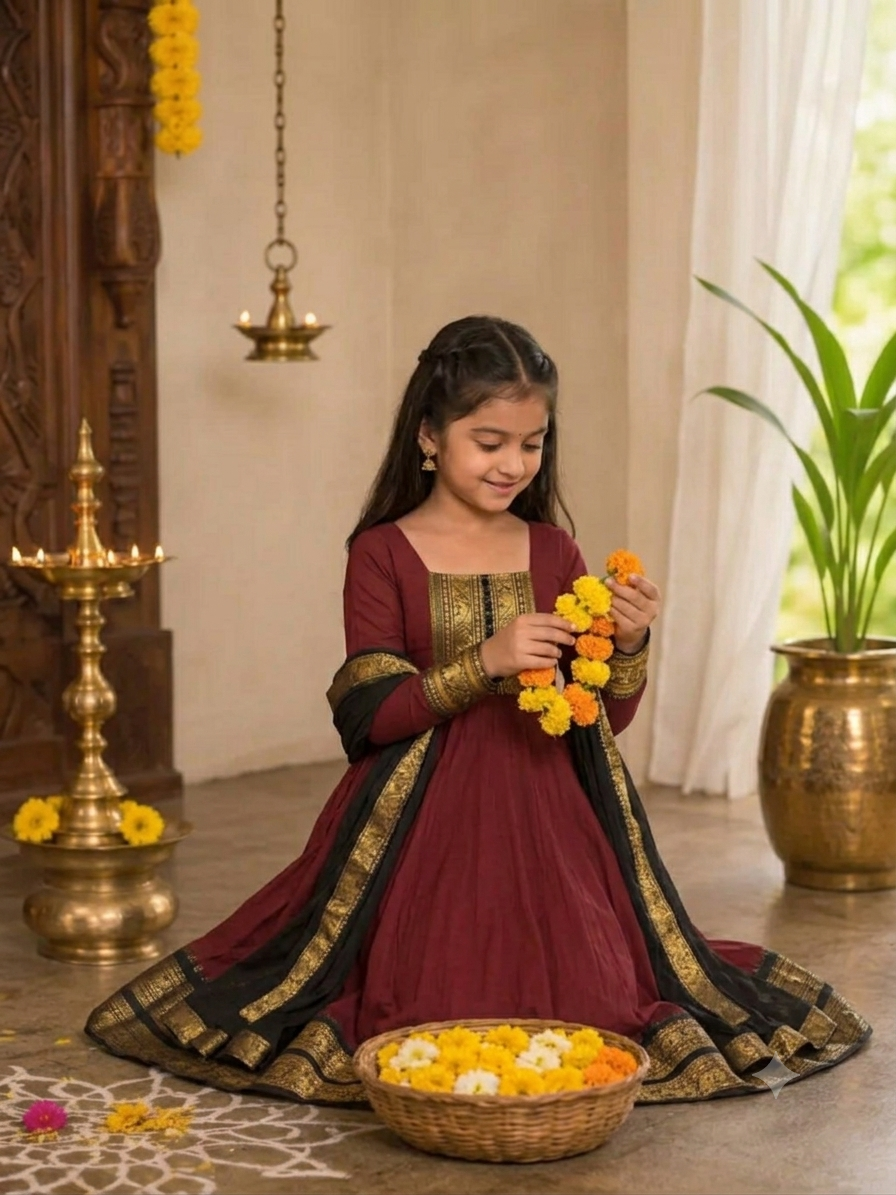 Girls Festive Cotton Blend Anarkali Set With Duppata