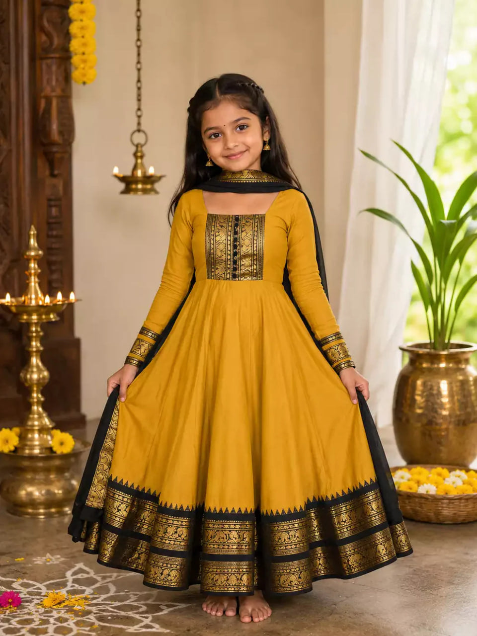 Girls Festive Cotton Blend Anarkali Set With Duppata