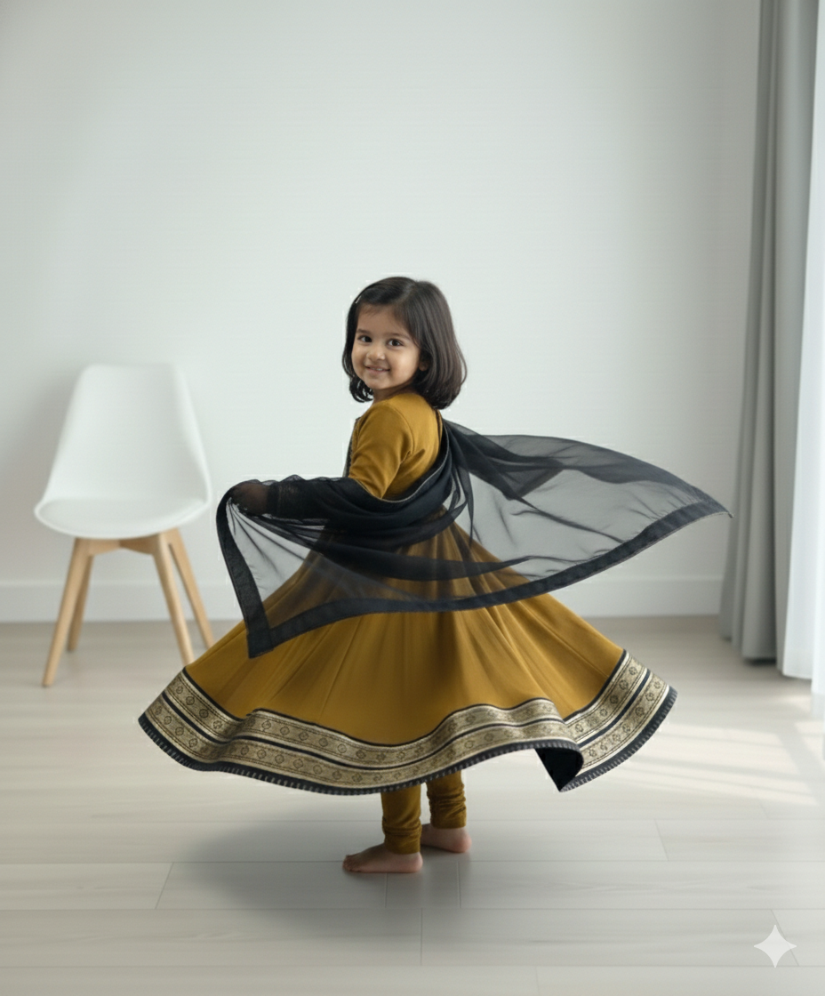 Cute Mustard Ethnic Anarkali Dress for Girls with Black Dupatta