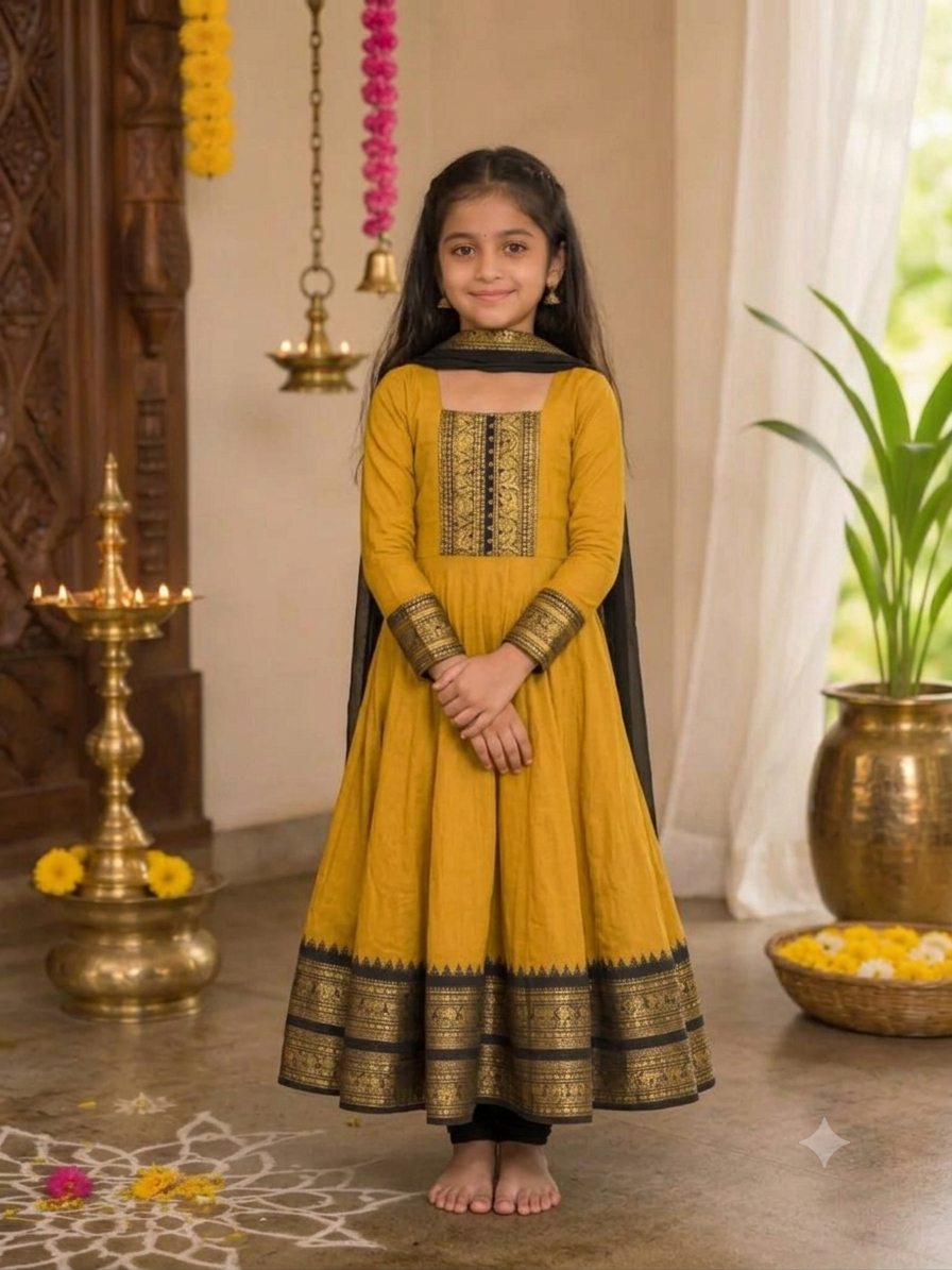 Girls Festive Cotton Blend Anarkali Set With Duppata