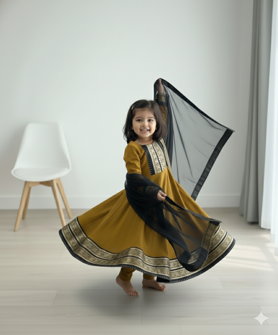 Cute Mustard Ethnic Anarkali Dress for Girls with Black Dupatta