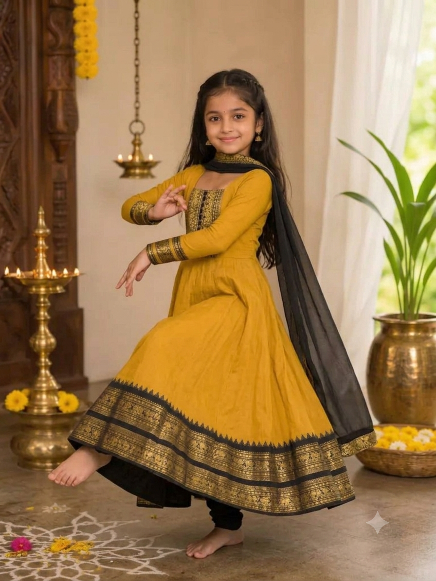 Girls Festive Cotton Blend Anarkali Set With Duppata