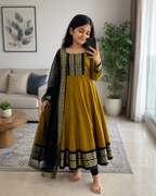 Cute Mustard Ethnic Anarkali Dress for Girls with Black Dupatta