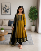 Cute Mustard Ethnic Anarkali Dress for Girls with Black Dupatta