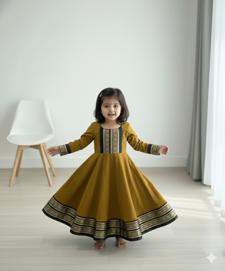 Cute Mustard Ethnic Anarkali Dress for Girls with Black Dupatta