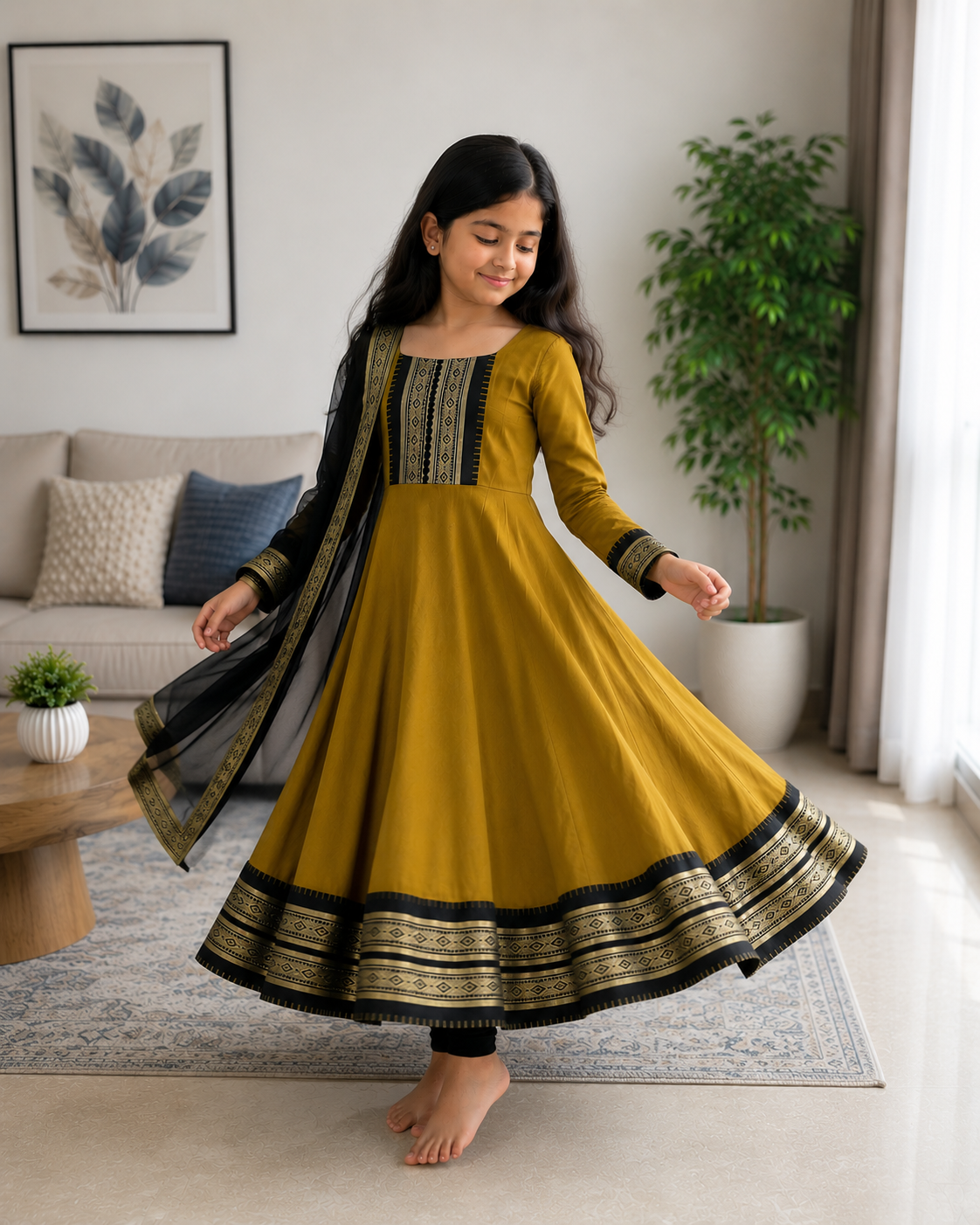 Cute Mustard Ethnic Anarkali Dress for Girls with Black Dupatta