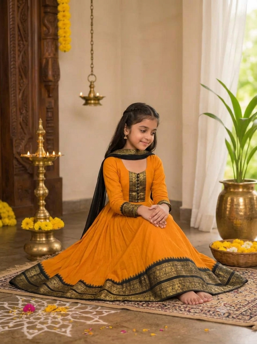 Girls Festive Cotton Blend Anarkali Set With Duppata