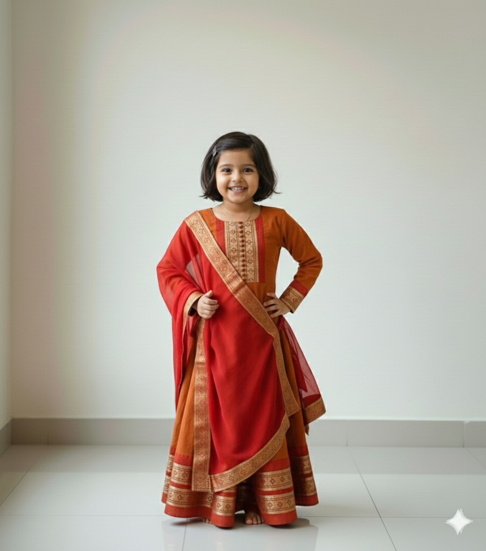 Adorable Orange Ethnic Anarkali Dress for Girls with Dupatta