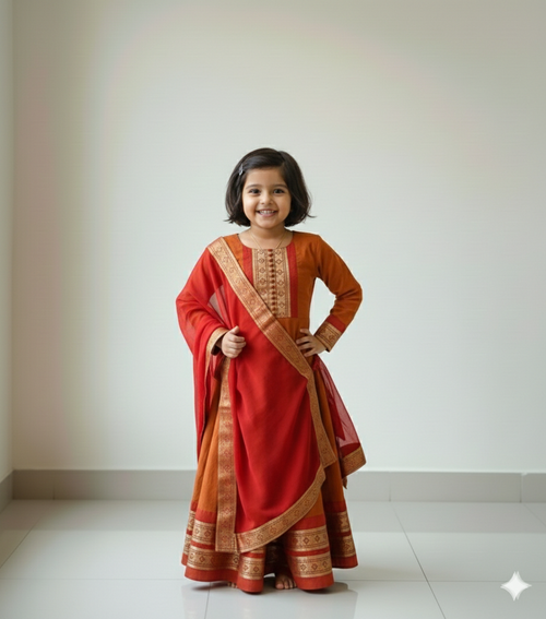 Adorable Orange Ethnic Anarkali Dress for Girls with Dupatta