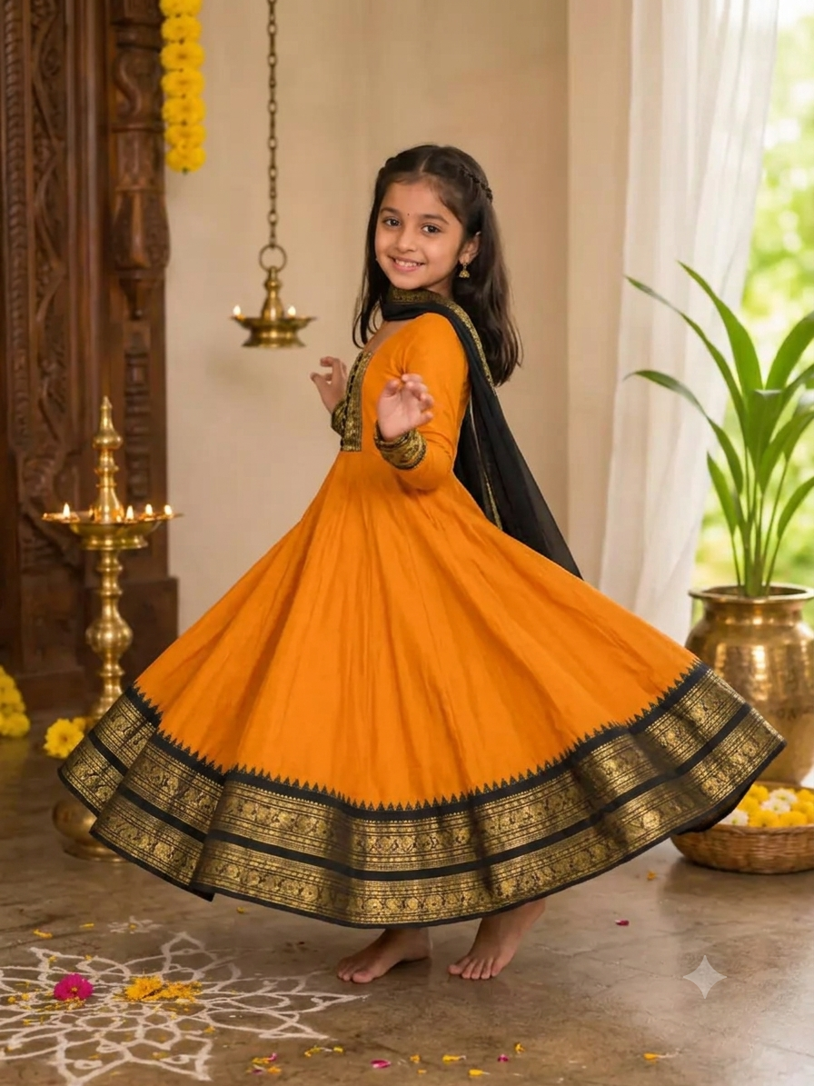 Girls Festive Cotton Blend Anarkali Set With Duppata