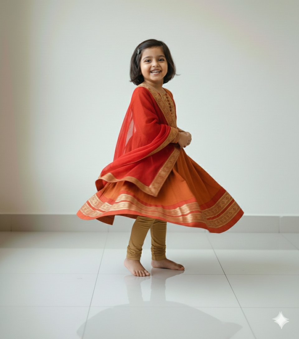 Adorable Orange Ethnic Anarkali Dress for Girls with Dupatta