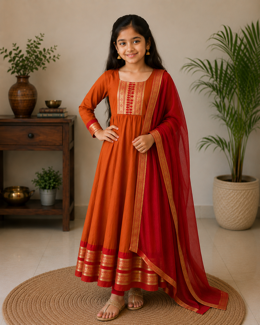 Adorable Orange Ethnic Anarkali Dress for Girls with Dupatta