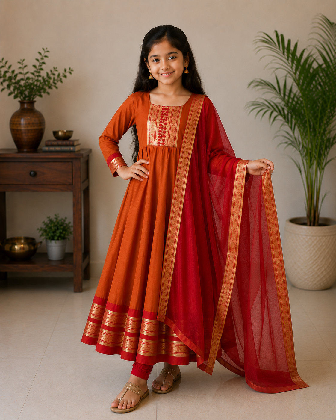 Adorable Orange Ethnic Anarkali Dress for Girls with Dupatta