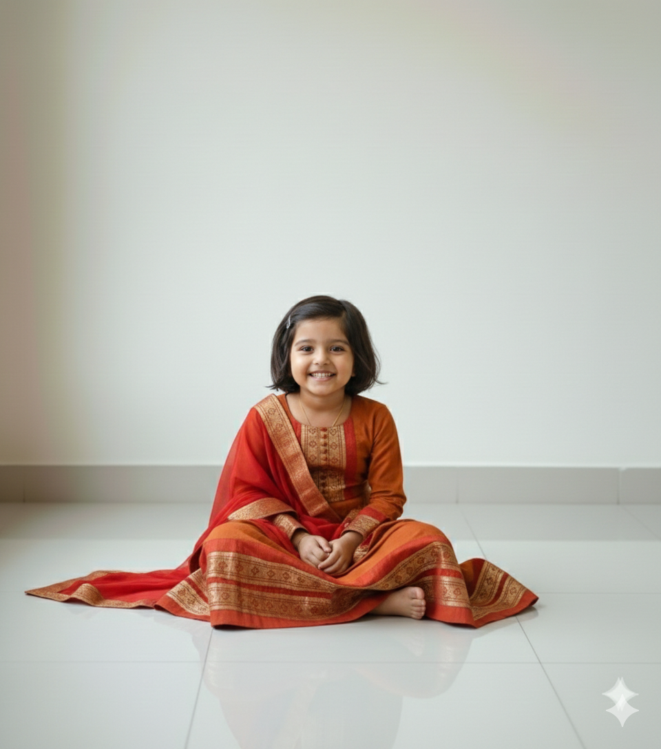 Adorable Orange Ethnic Anarkali Dress for Girls with Dupatta