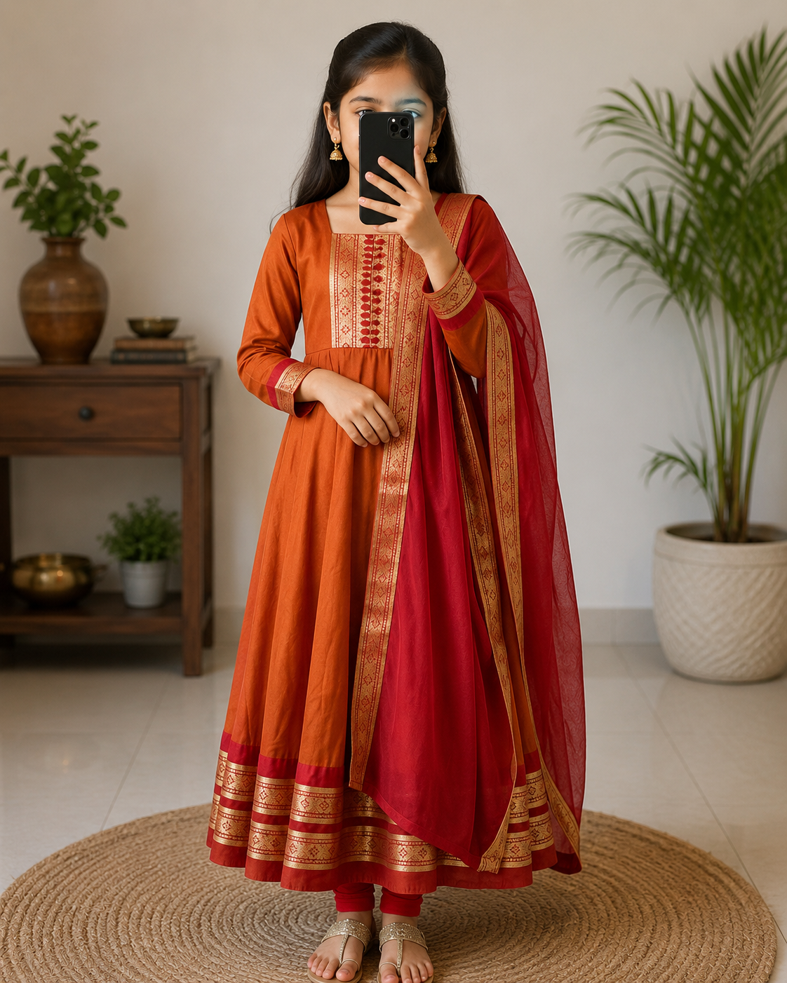 Adorable Orange Ethnic Anarkali Dress for Girls with Dupatta