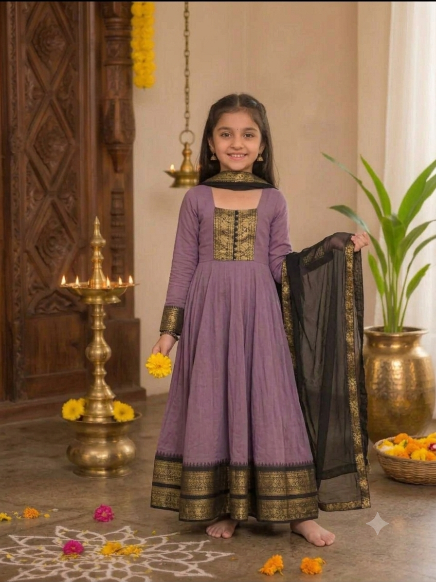 Girls Festive Cotton Blend Anarkali Set With Duppata