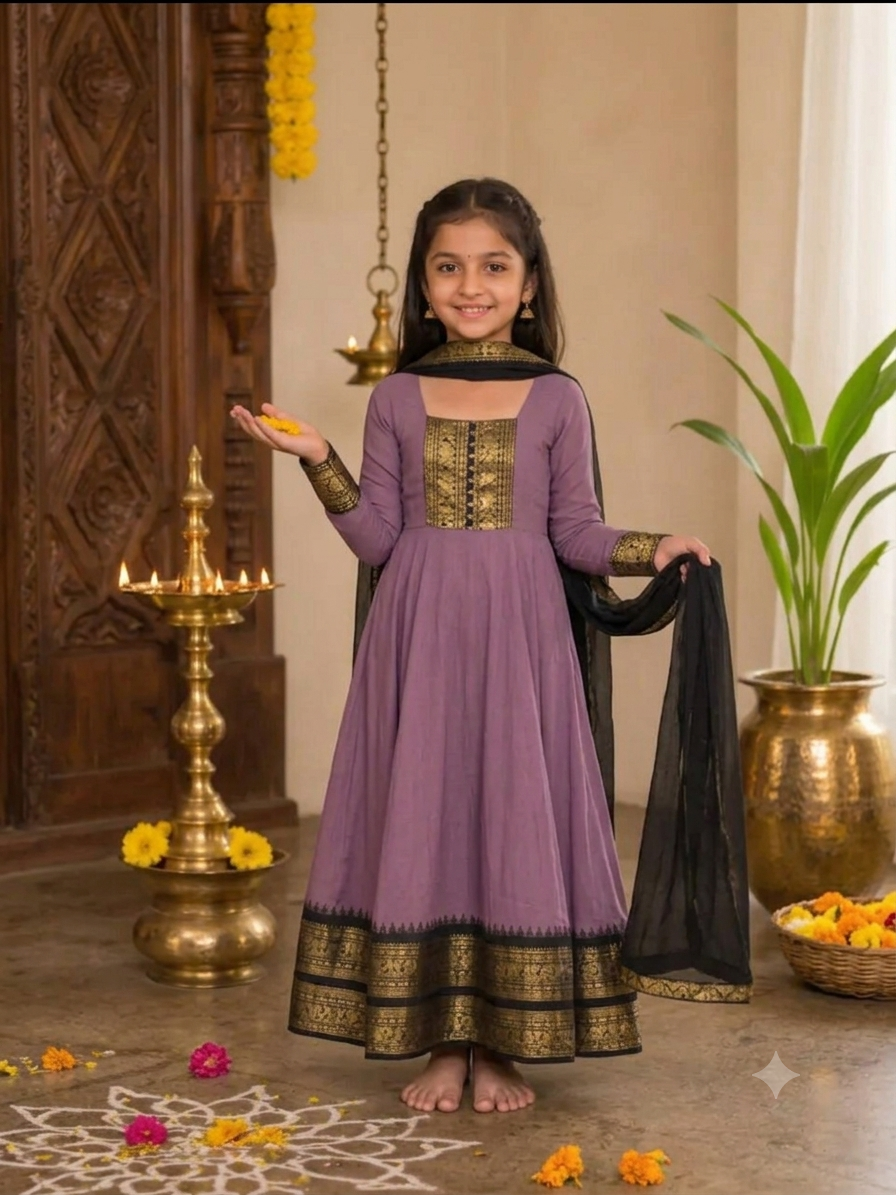 Girls Festive Cotton Blend Anarkali Set With Duppata