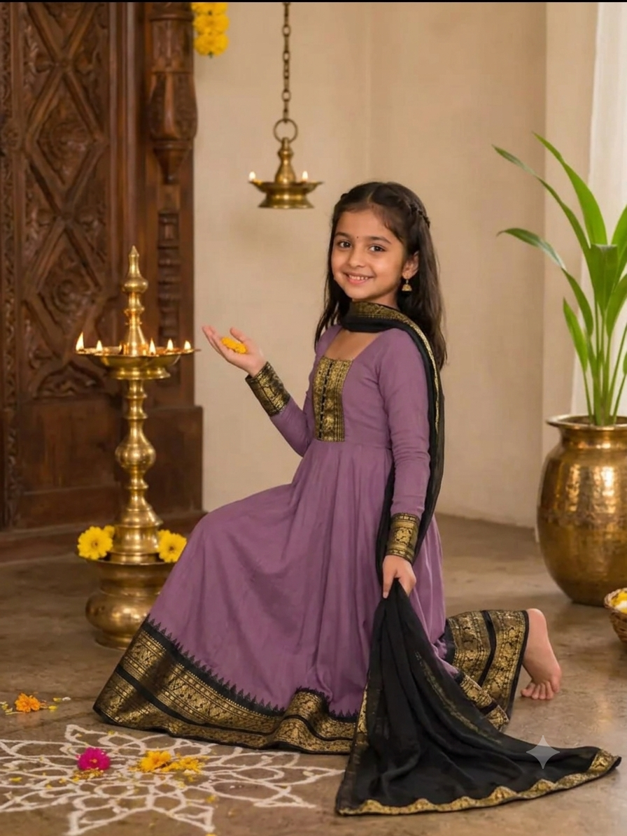 Girls Festive Cotton Blend Anarkali Set With Duppata