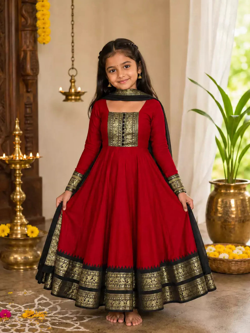 Girls Festive Cotton Blend Anarkali Set With Duppata