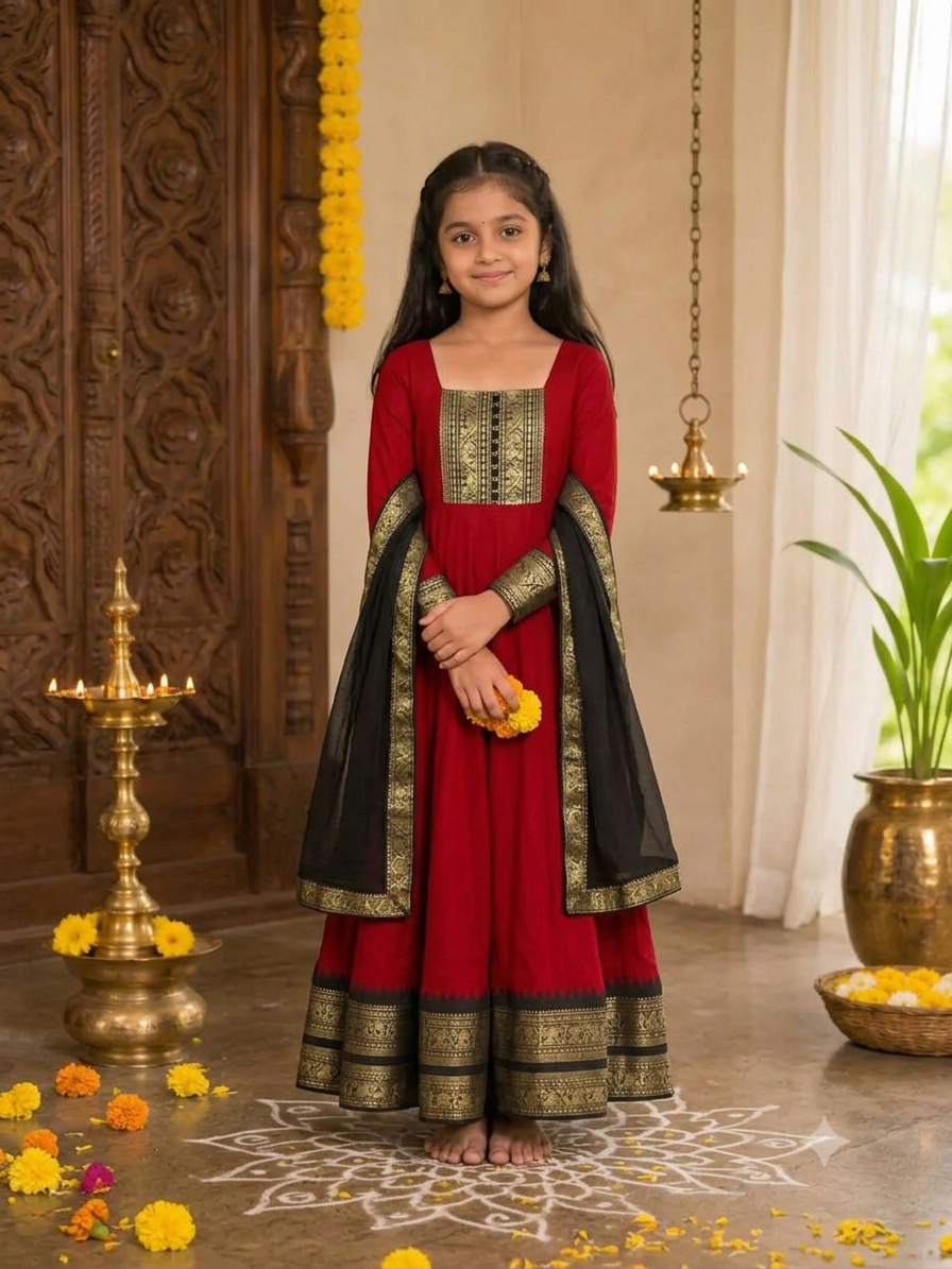 Girls Festive Cotton Blend Anarkali Set With Duppata