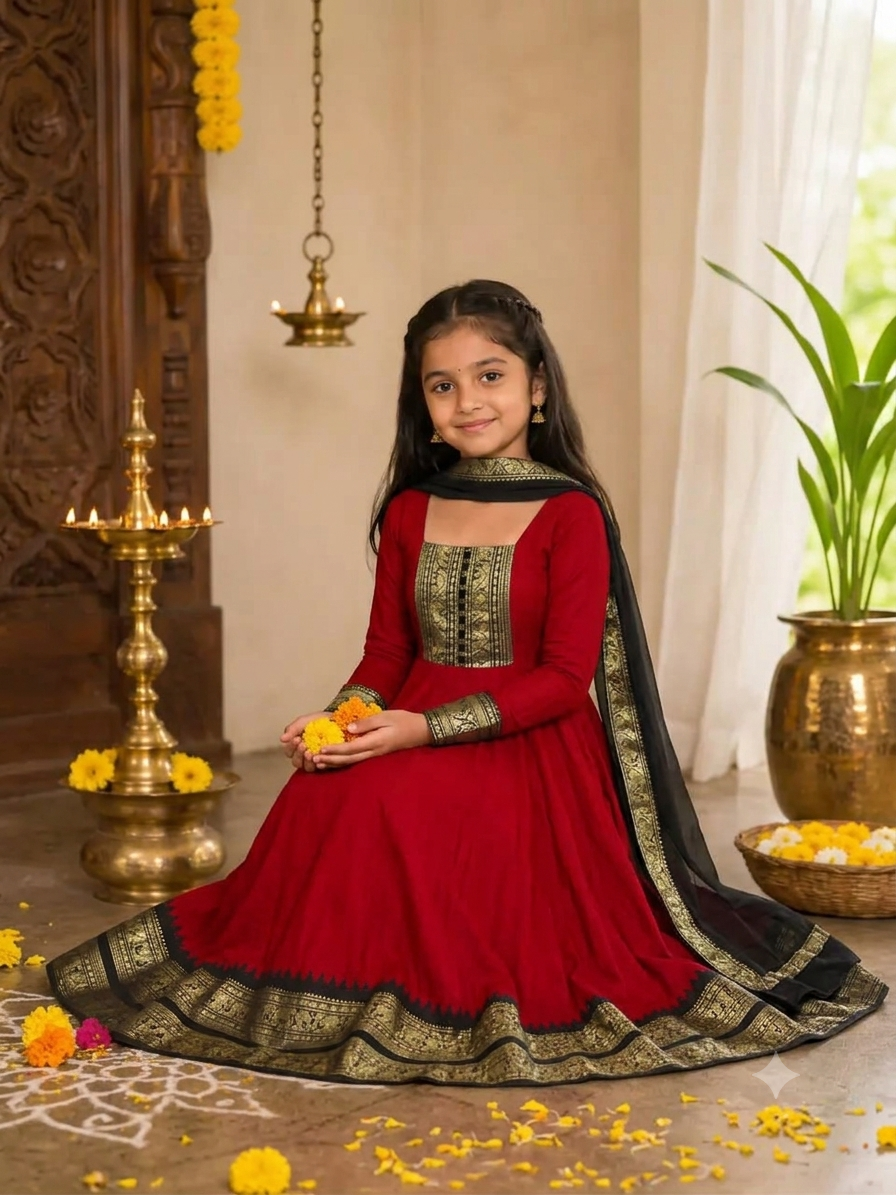 Girls Festive Cotton Blend Anarkali Set With Duppata