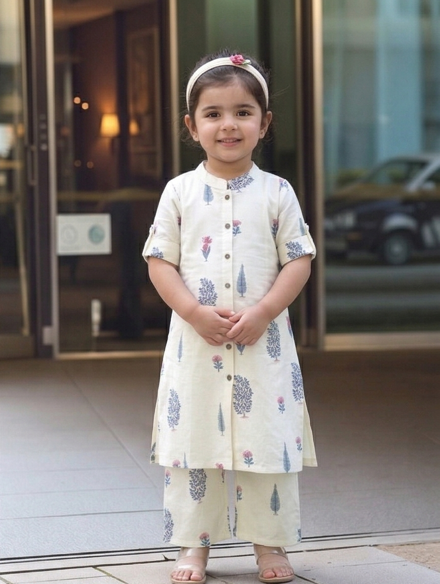 Slub Rayon Printed Kids Kurta & Pant Set