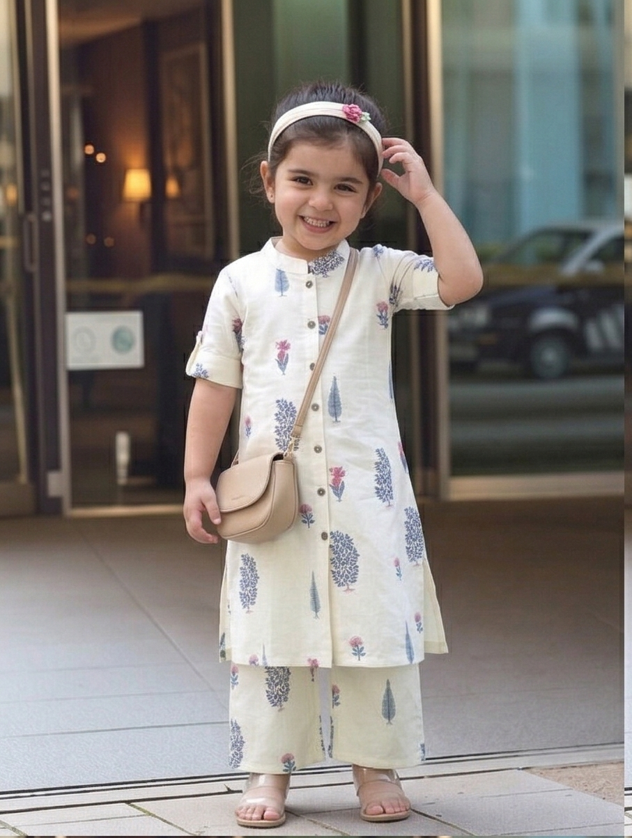 Slub Rayon Printed Kids Kurta & Pant Set