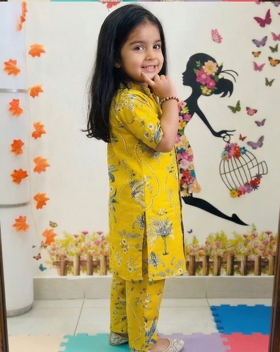 Slub Rayon Printed Kids Kurta & Pant Set