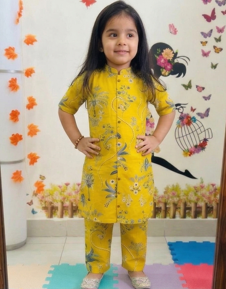 Slub Rayon Printed Kids Kurta & Pant Set