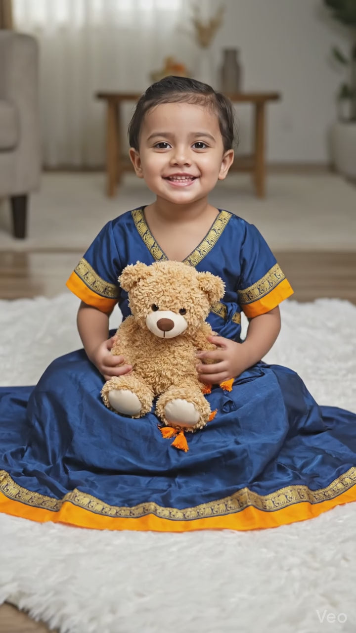 Navy Blue Chanderi Cotton Kids Frock with Jacquard Border